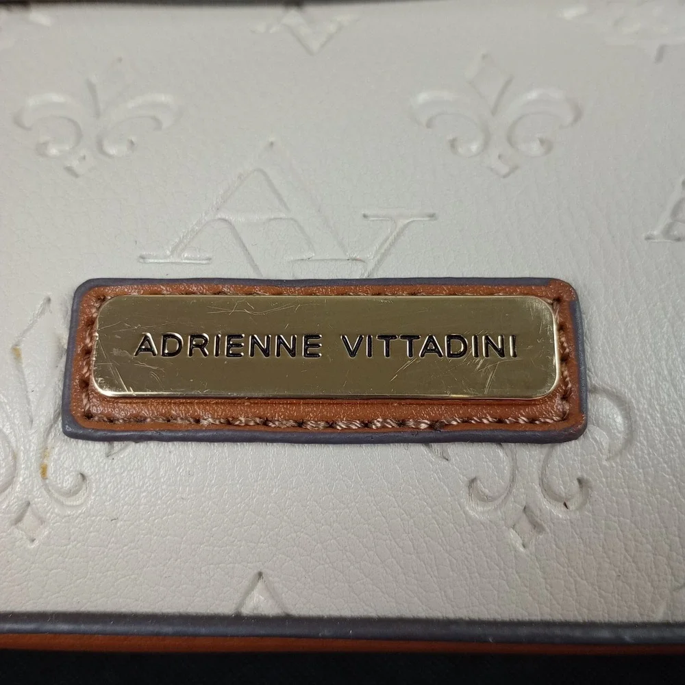 Adrienne Vittadini Cream Brown Black Gold Handbag Embossed Fleur De Lis Logo
